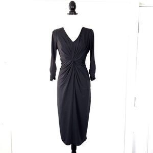 Miss Tina Stretch V-Neck 3/4 Sleeve Knotted Front Ruched Dress Black Size PM